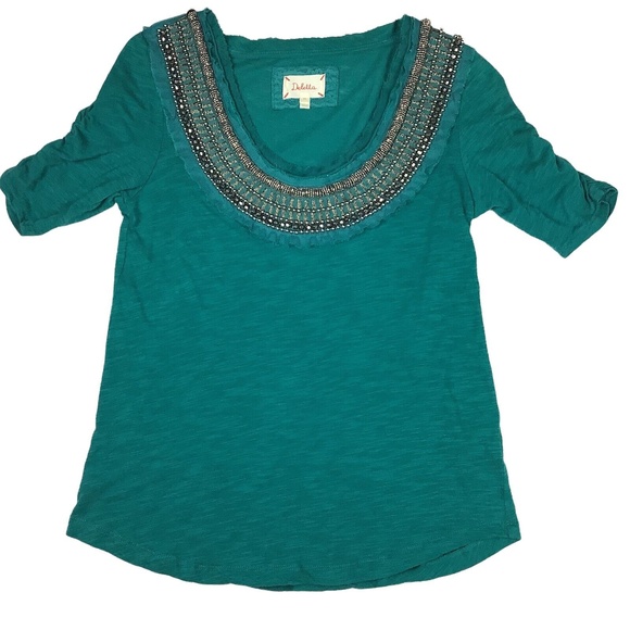 Anthropology Deletta Boho Bohemian Top Women XS Raw Edge Beaded Green Festival - Picture 1 of 9